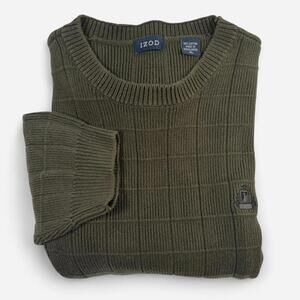 IZOD Crewneck Sweater Men’s XL Olive Green Ribbed Checkered Cotton Knit